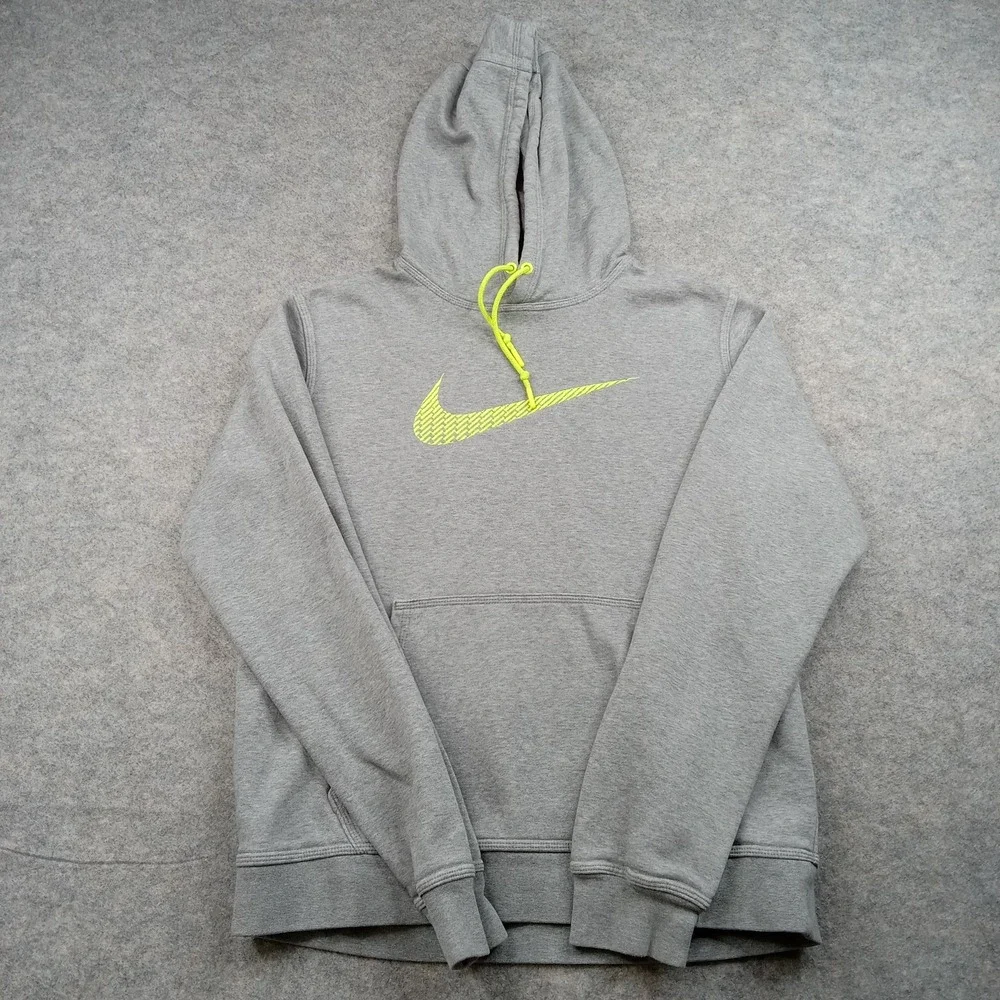Nike Hoodie Mens Medium Gray Sweatshirt‎ Volt Swoosh Pullover Fleece Drawstring